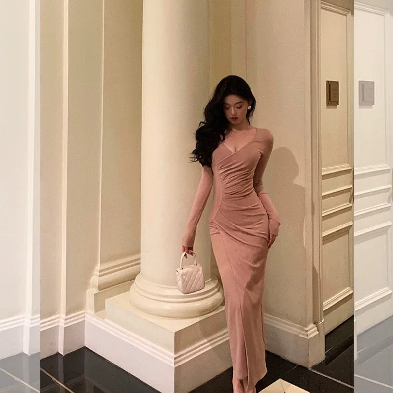Pretty Sheath V Neckline Long Sleeves Pink Prom Dresses Birthday Outfits Evening Gown - View 5 | VelvetHem