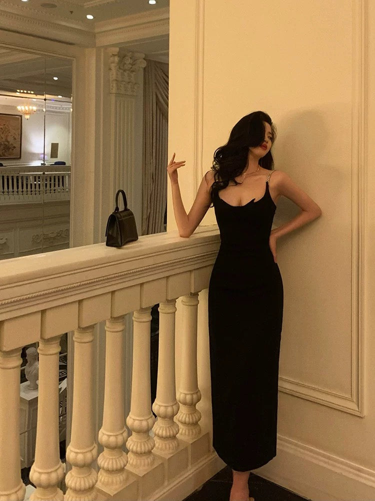 Gorgeous Sheath Spaghetti Straps Black Date Night Dress Prom Dresses Party Dress Birthday Outfits