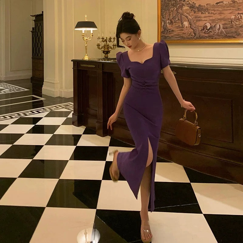 Stunning Sheath Square Neckline Short Sleeves Date Night Dress Grape Prom Dresses Birthday Outfit - View 3 | VelvetHem