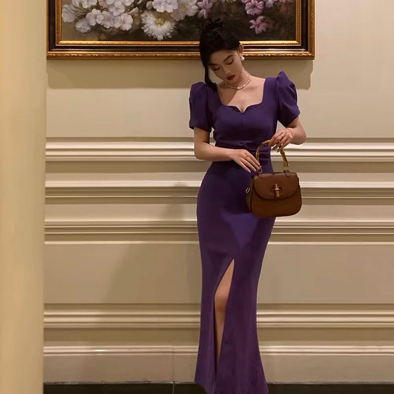 Stunning Sheath Square Neckline Short Sleeves Date Night Dress Grape Prom Dresses Birthday Outfit