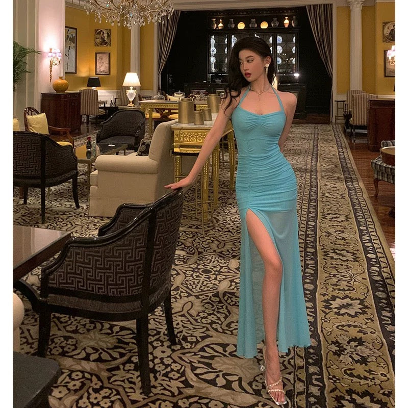 Stunning Sheath Halter Blue Date Night Dress Prom Dresses Birthday Outfit - View 5 | VelvetHem