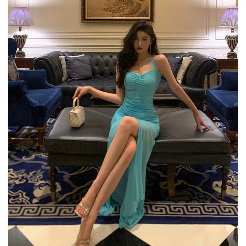 Stunning Sheath Halter Blue Date Night Dress Prom Dresses Birthday Outfit - View 4 | VelvetHem