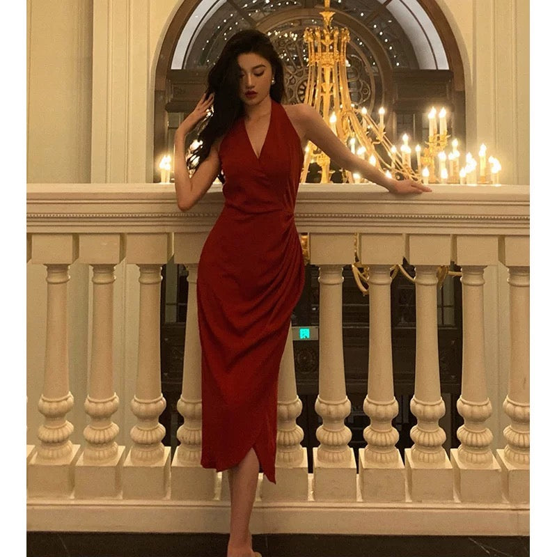 Stunning A line V neckline Sleeveless Red Date Night Dress Prom Dresses Birthday Party Outfit - View 3 | VelvetHem