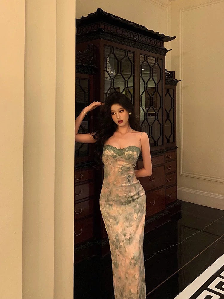Classy Sheath Spaghetti Straps Green Floral Lace Prom Dresses Birthday Outfits Evening Gown - View 3 | VelvetHem