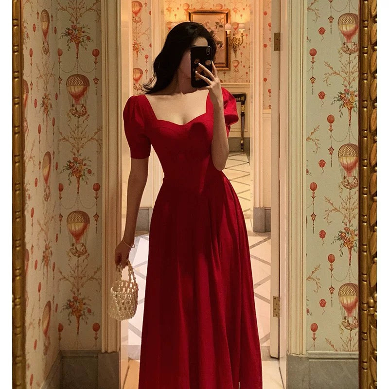 Pretty A Line Square Neckline Red Short Sleeves Date Night Dress Prom Dresses Birthday Party Outfit - View 3 | VelvetHem