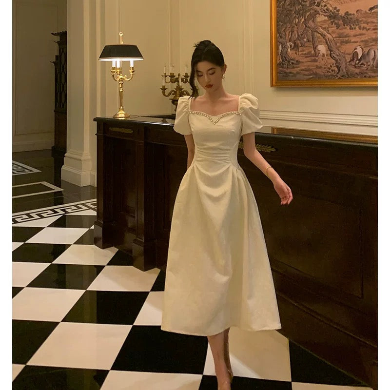 Classy French A line Short Sleeves Ivory Satin Prom Dresses Birthday Outfits Evening Gown - View 3 | VelvetHem