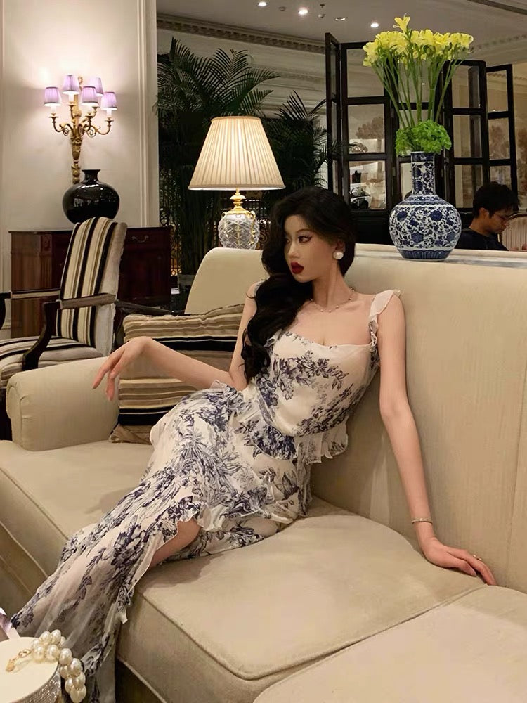 Classy Mermaid Square Neckline Ruffles Long Chiffon Slit Prom Dresses Birthday Outfits Evening Gown - View 5 | VelvetHem