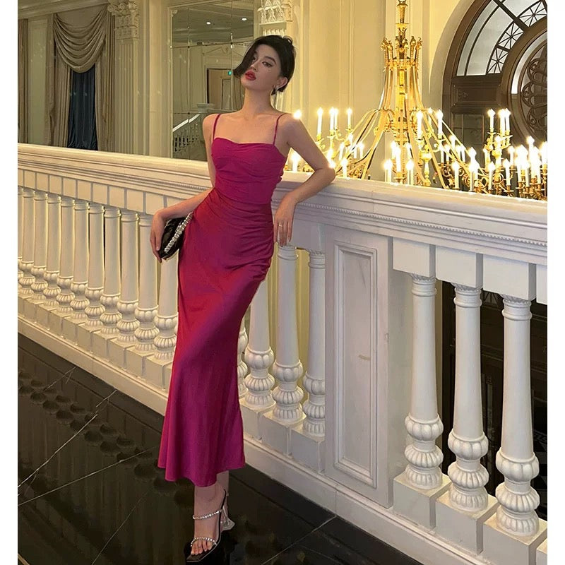 Sexy Sheath Spaghetti Straps Hot Pink Satin Prom Dresses Birthday Outfits Evening Gown - View 3 | VelvetHem