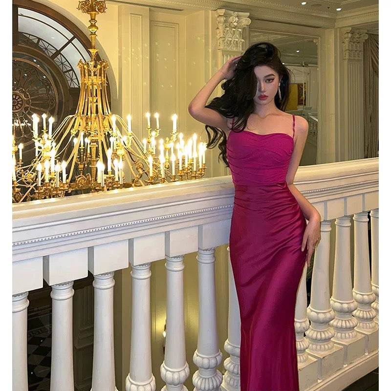 Sexy Sheath Spaghetti Straps Hot Pink Satin Prom Dresses Birthday Outfits Evening Gown - View 2 | VelvetHem