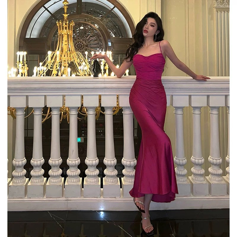 Sexy Sheath Spaghetti Straps Hot Pink Satin Prom Dresses Birthday Outfits Evening Gown - View 5 | VelvetHem