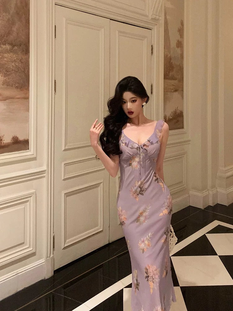 Sexy Sheath V neckline Lilac Floral Satin Prom Dresses Birthday Outfits Evening Gown - View 2 | VelvetHem