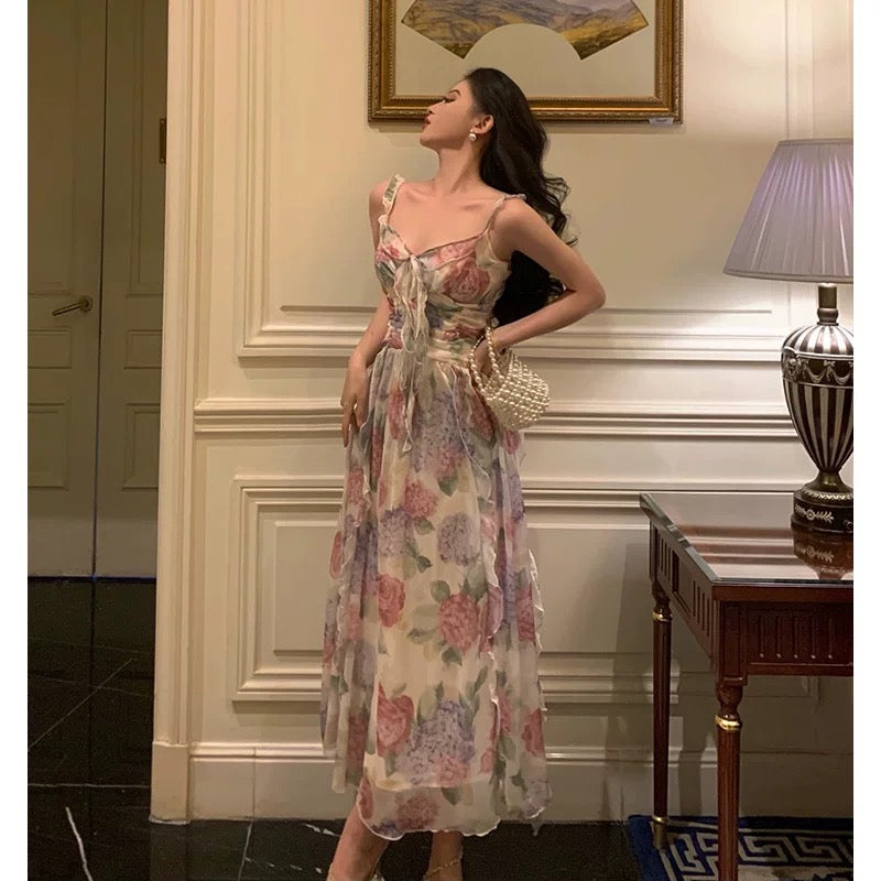 Elegant A line Spaghetti Straps Pink Floral Prom Dresses Birthday Outfits Evening Gown - View 4 | VelvetHem