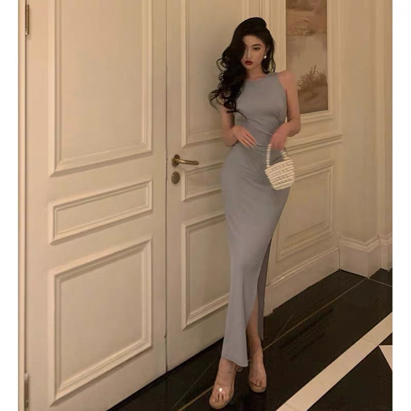 Elegant Sheath Scoop Neckline Dusty Blue Slit Prom Dresses Birthday Outfits Evening Gown - View 4 | VelvetHem