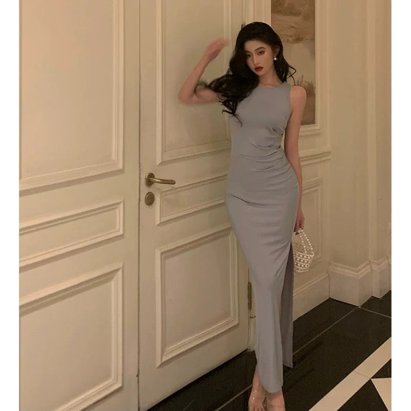 Elegant Sheath Scoop Neckline Dusty Blue Slit Prom Dresses Birthday Outfits Evening Gown - View 5 | VelvetHem