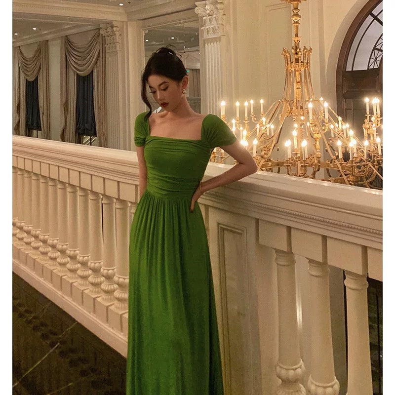 Elegant A Line Square Neckline Green Long Prom Dresses Birthday Outfits Evening Gown - View 2 | VelvetHem