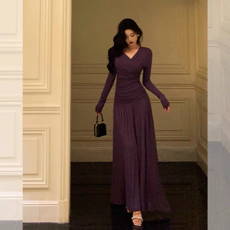 Elegant Sheath V Neckline Grape Long Prom Dresses Birthday Outfits Evening Gown