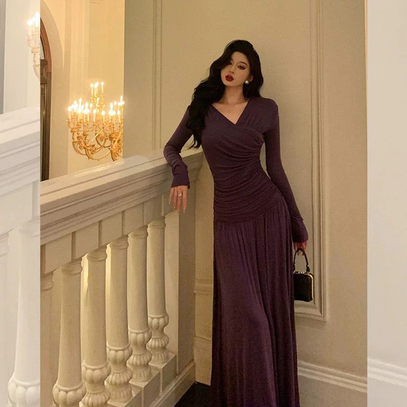 Elegant Sheath V Neckline Grape Long Prom Dresses Birthday Outfits Evening Gown - View 4 | VelvetHem