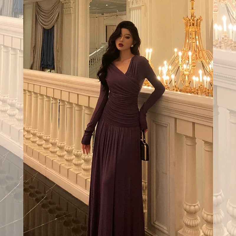 Elegant Sheath V Neckline Grape Long Prom Dresses Birthday Outfits Evening Gown - View 2 | VelvetHem