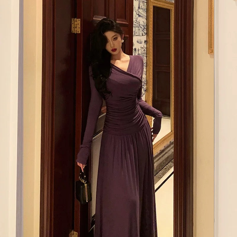 Elegant Sheath V Neckline Grape Long Prom Dresses Birthday Outfits Evening Gown - View 3 | VelvetHem