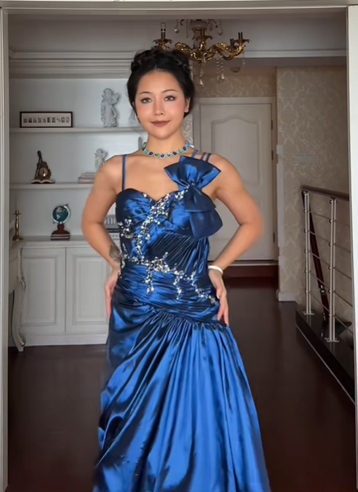 Elegant Spaghetti Straps Navy Blue Satin Pleated Beaded Long Party Dress Prom Gown - View 3 | VelvetHem