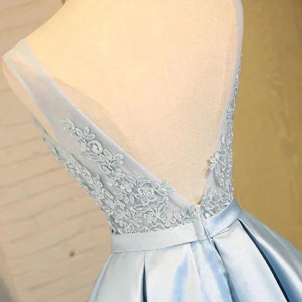 Blue A Line Princess V Neck Backless Appliques Homecoming Dresses (ZD11555)