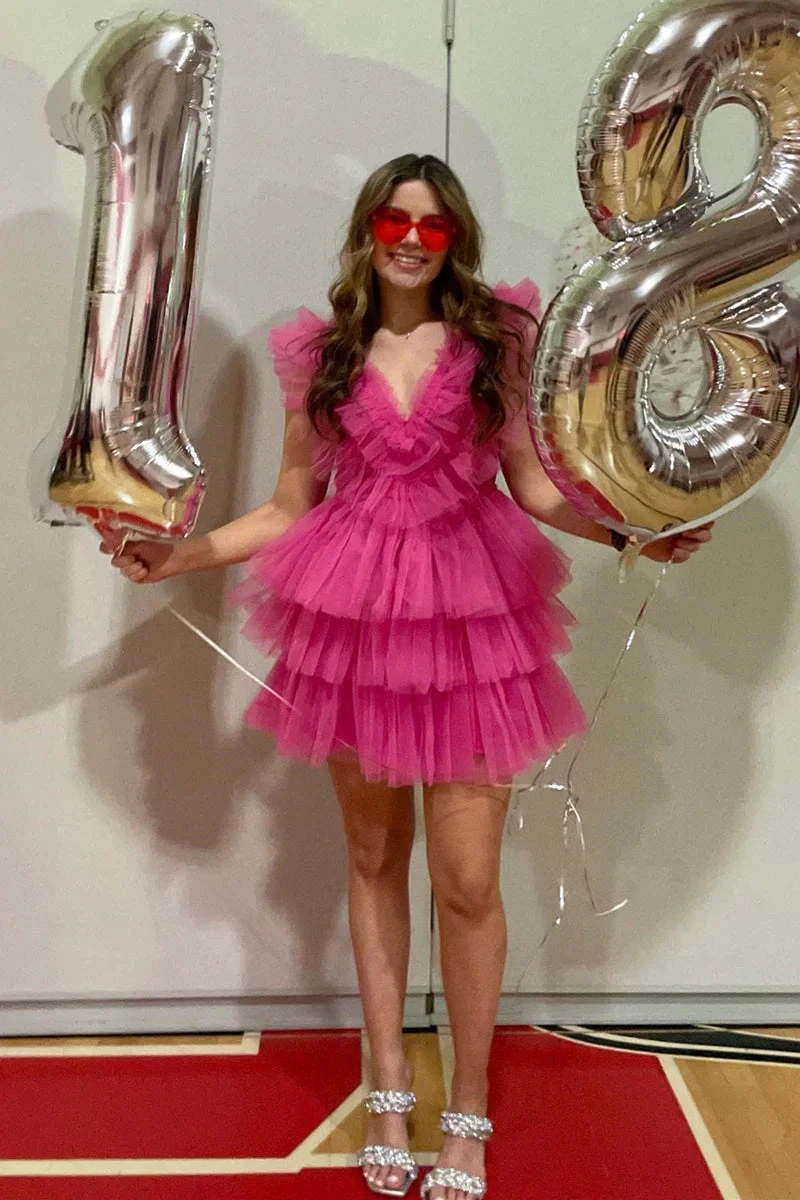 Cute Pink Ruffled Tiered Tulle Short Homecoming Dress (ZD12308)