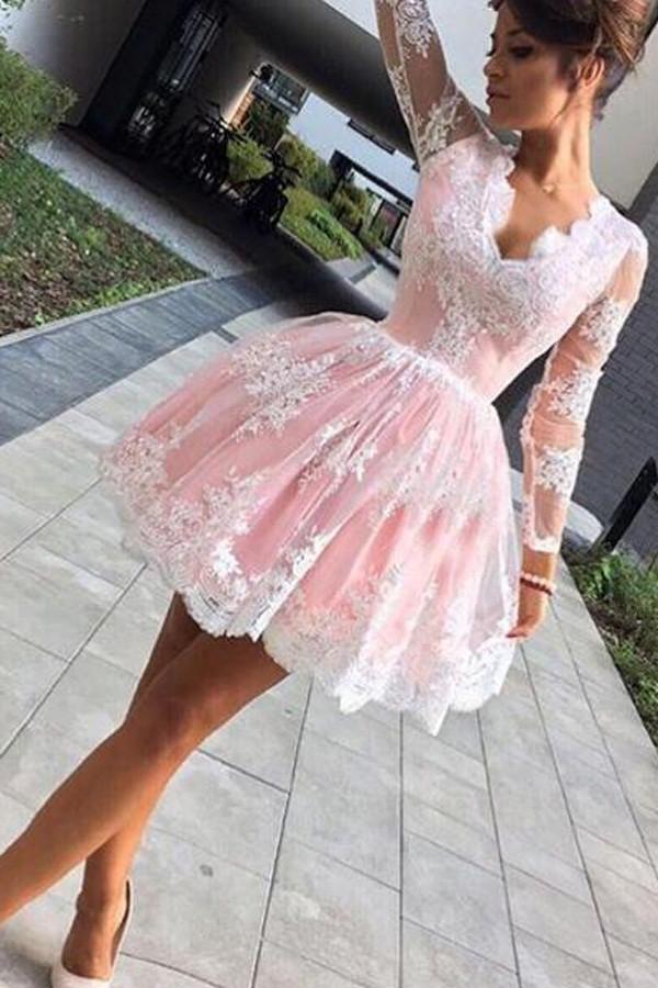 Cute Pink A-line Long Sleeves Short Prom Dress, Homecoming Dresses on Line - VelvetHem