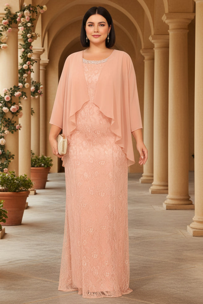 Column Lace Appliques Two-Piece Floor-Length Mother of the Bride Dress