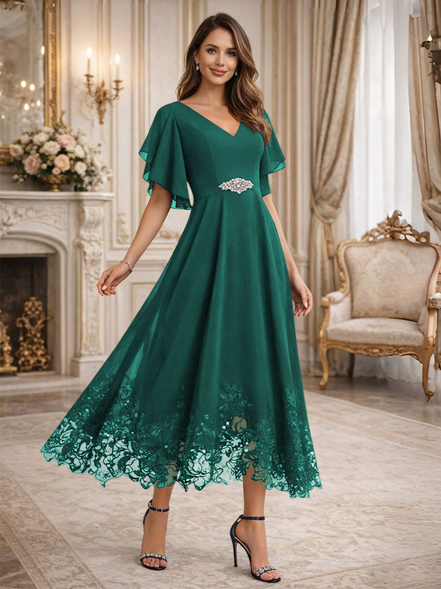 A-Line V-Neck Flying Sleeves Tea-Length Mother of the Bride Dress