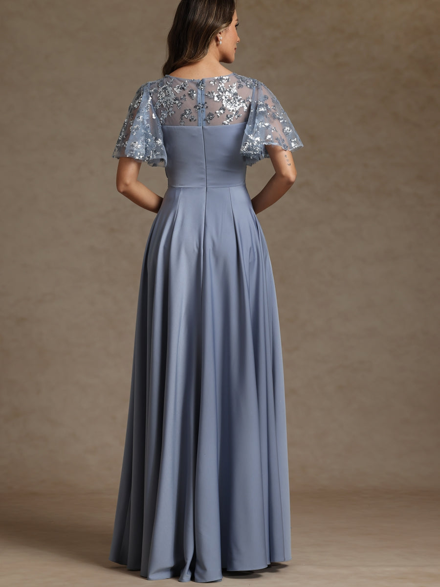 A-Line V-Neck Illusion Pleated Satin Floor-Length Mother of the Bride Dress