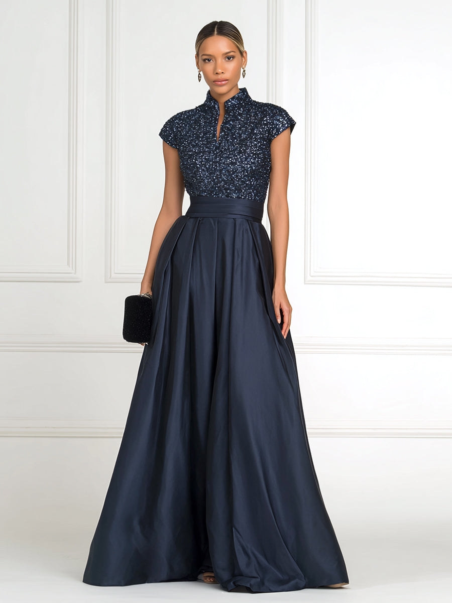 Princess Stand Collar Short Sleeve Long Elegant Mother of Bride Dress