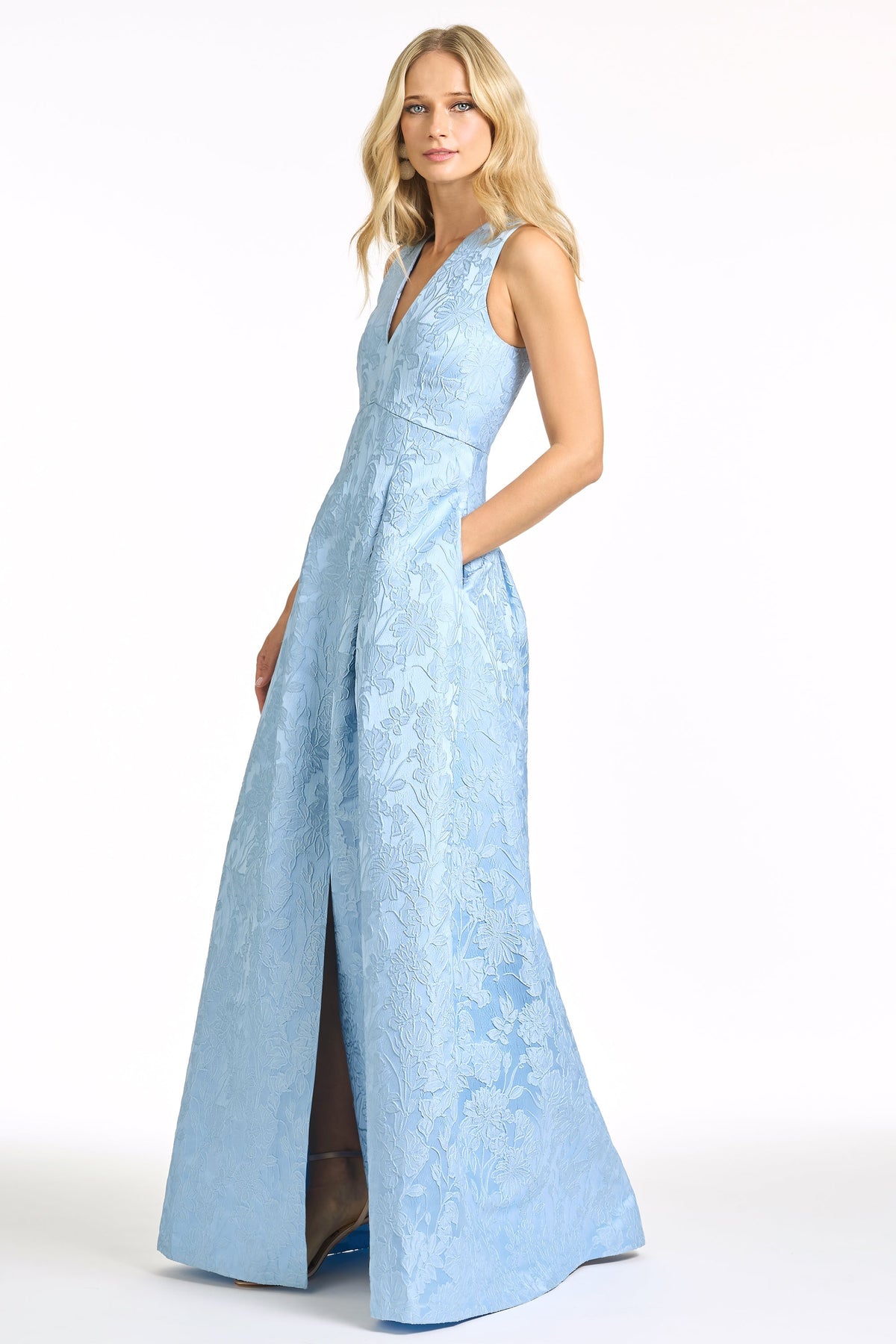 Light Blue V-Neck Jacquard A-Line Maxi Evening Gown with Pockets