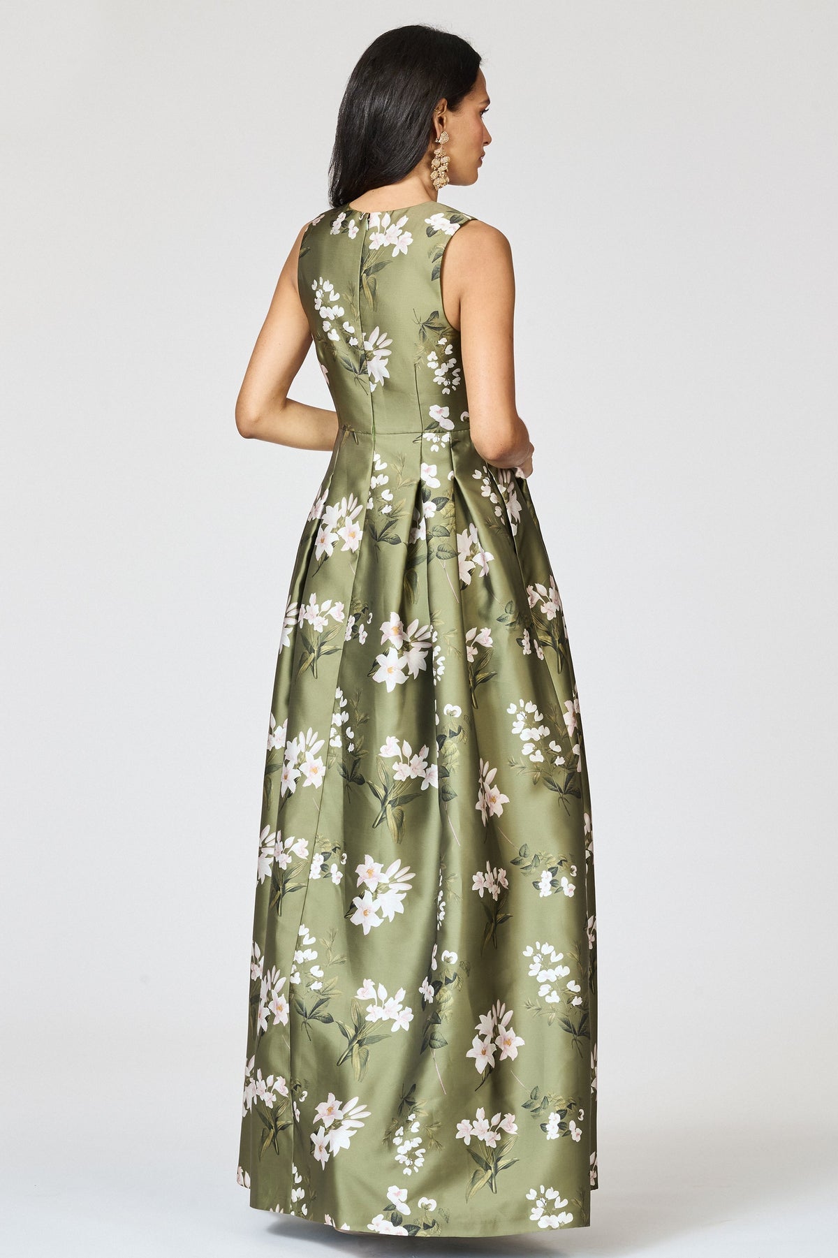 Olive Green Floral Print V-Neck A-Line Maxi Evening Gown with Pockets