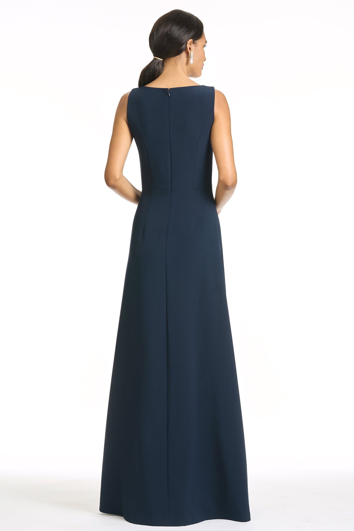 Navy Blue Sleeveless Maxi Evening Gown with 3D Floral Appliqué