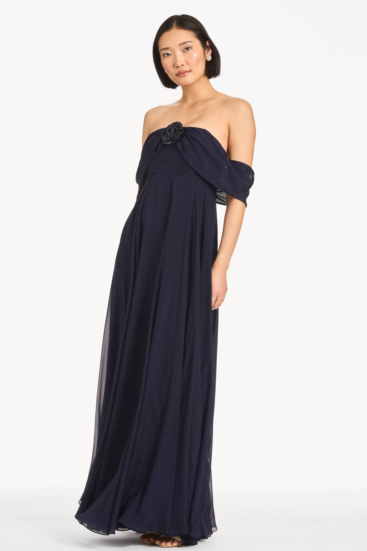 Navy Blue Off-the-Shoulder Chiffon Maxi Evening Gown with 3D Flower Detail