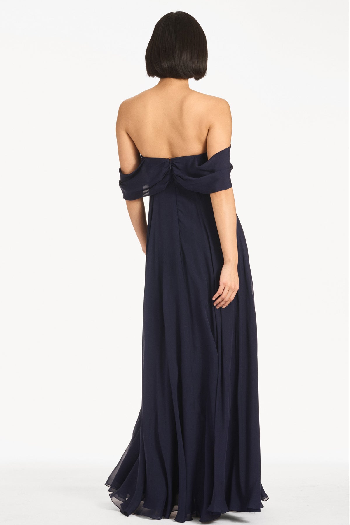 Navy Blue Off-the-Shoulder Chiffon Maxi Evening Gown with 3D Flower Detail