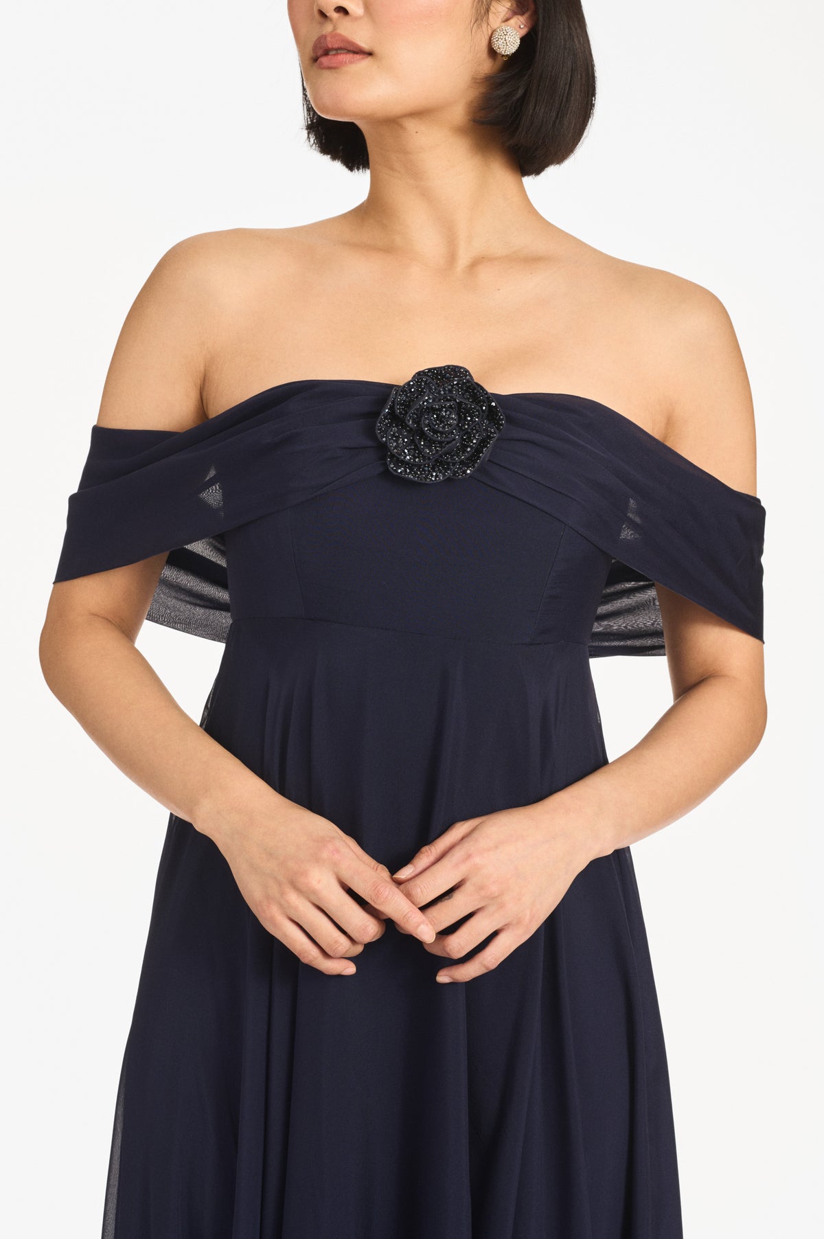 Navy Blue Off-the-Shoulder Chiffon Maxi Evening Gown with 3D Flower Detail