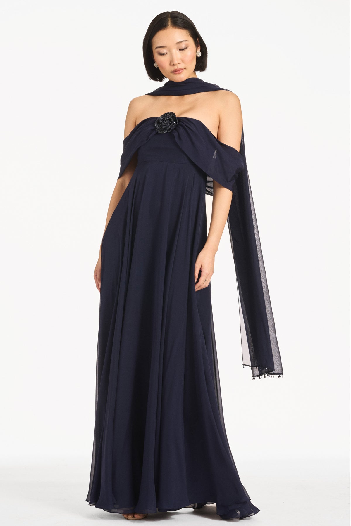 Navy Blue Off-the-Shoulder Chiffon Maxi Evening Gown with 3D Flower Detail