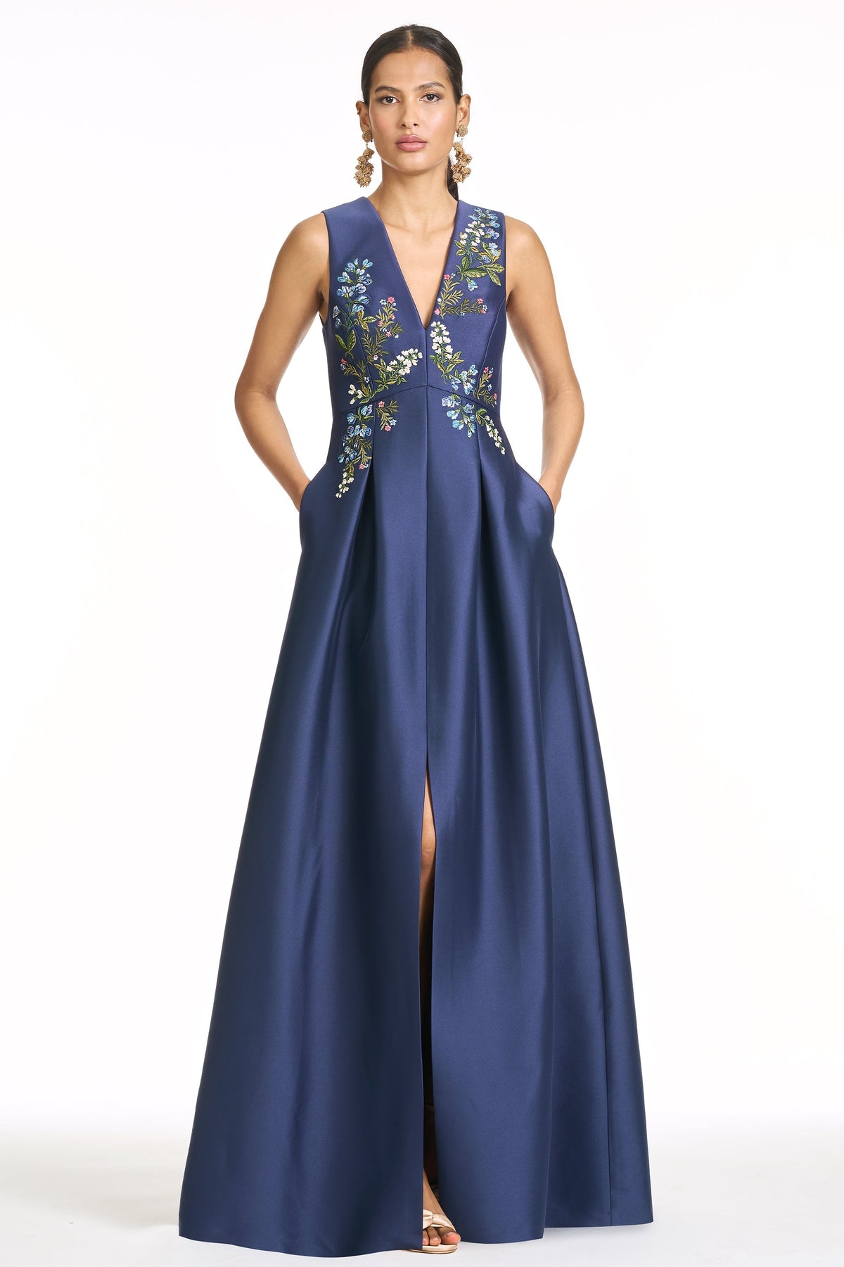 Navy Blue V-Neck Satin Evening Gown with Embroidery Appliqué