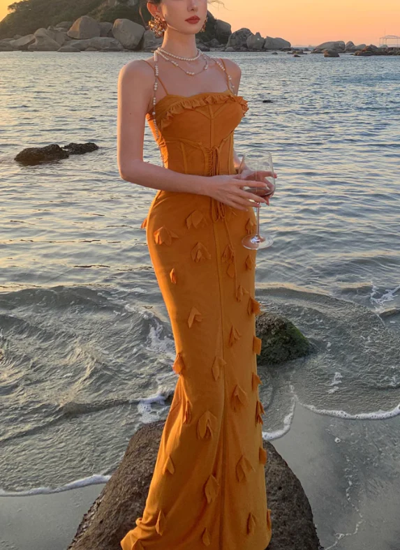Unique Orange Mermaid Evening Gown Spaghetti Strap 3D Flower Long Prom Dress - VelvetHem