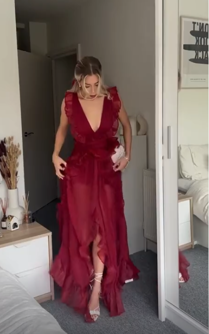 Sexy Burgundy Deep V Neck Chiffon Ruffles Slit Party Dress Long Prom Evening Dress - View 4 | VelvetHem
