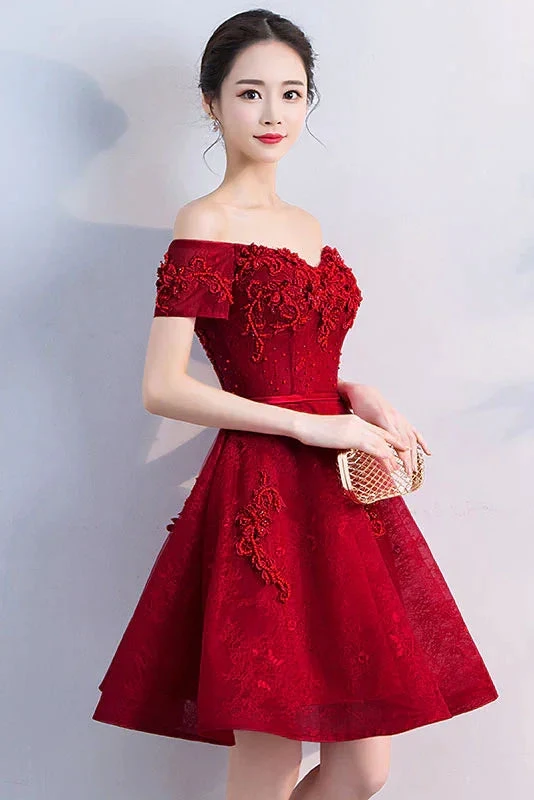 Burgundy tulle lace short homecoming dress (ZD12542)