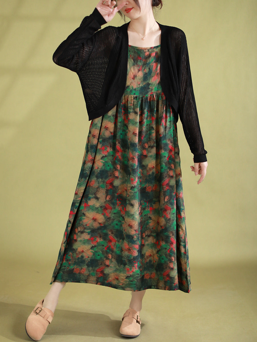 Women Summer Vintage Floral Pleated Loose Dress Sleeveless
