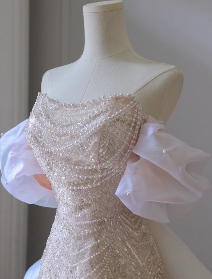 Pink A-Line Off-Shoulder Tulle Sequins Beaded Long Prom Dress Formal Evening Dress Y8050