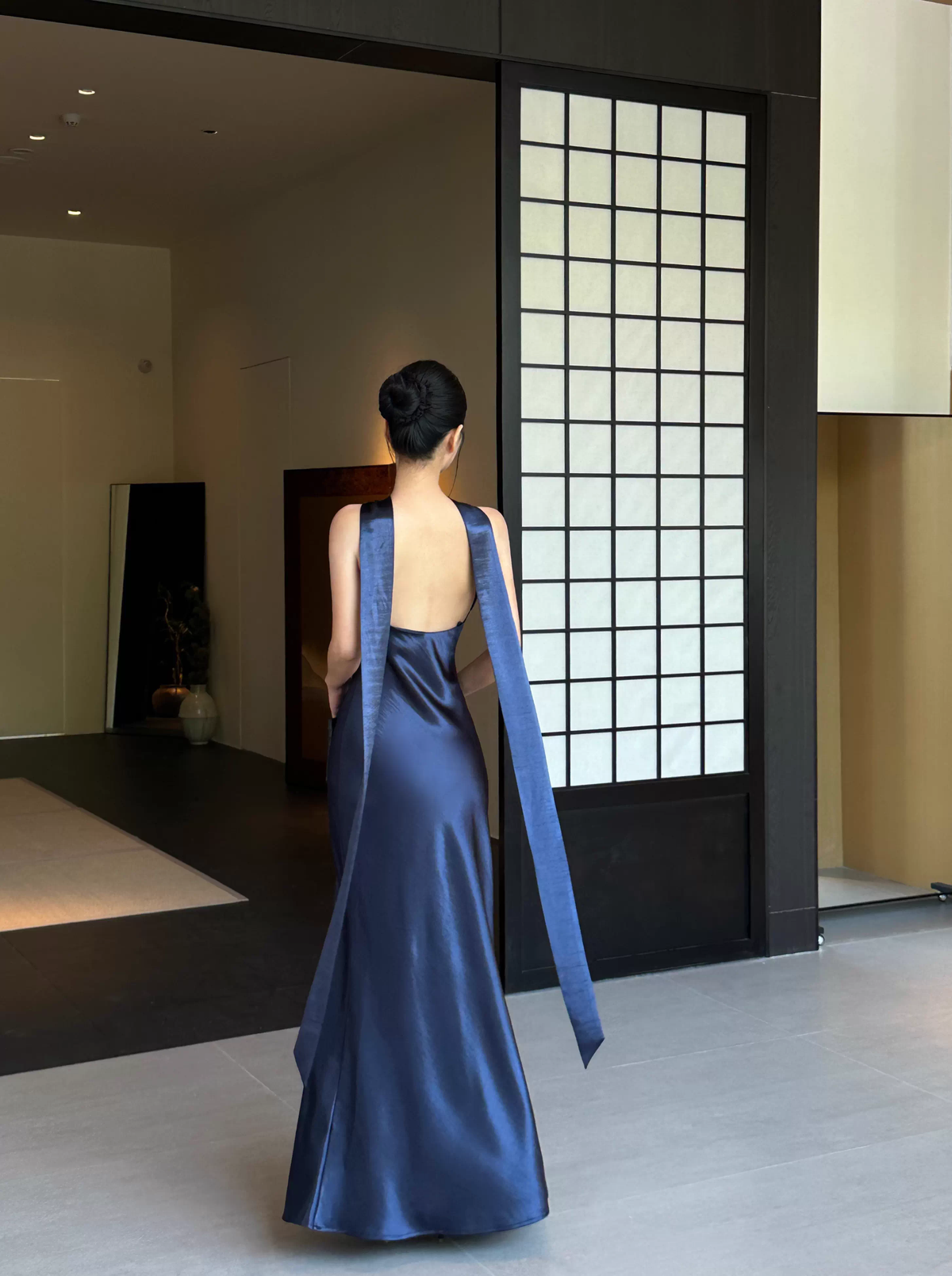 Classy Sleeveless Navy Blue Satin Mermaid Long Wedding Guest Dress Formal Backless Party Dress Evening Gown - View 5 | VelvetHem