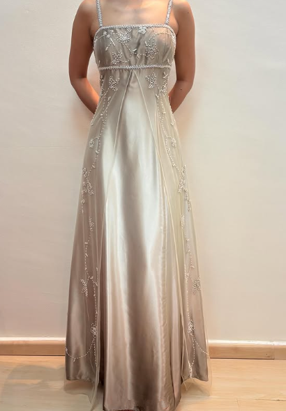 Fashion Spaghetti Straps Satin Tulle Beaded Prom Dress A Line Party Evening Gown Y8139