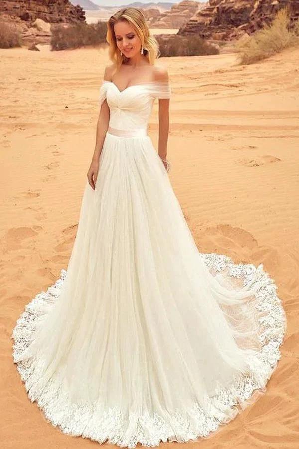 Fabulous White A-line Off Shoulder Tulle Wedding Dresses with Sweep Brush Train MW235 by musebridals