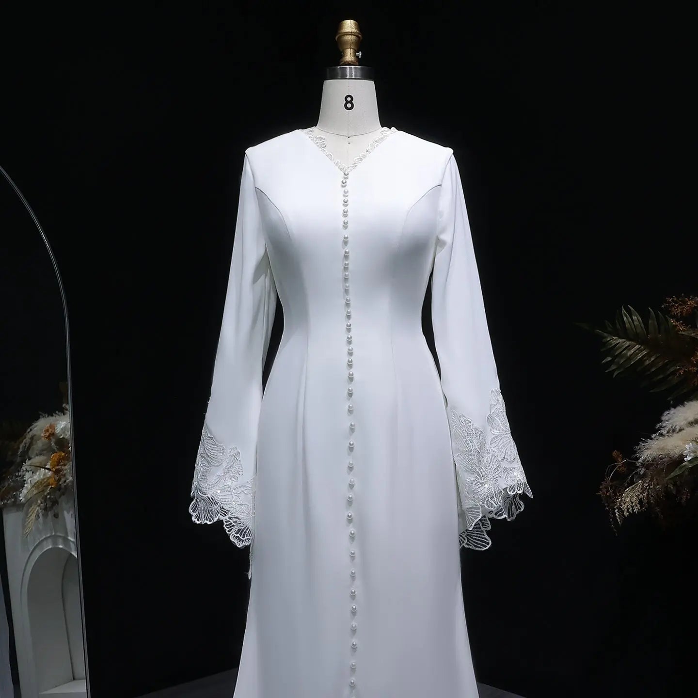 Elegant White Pearl High Neck Long Sleeve Wedding Dress with Veil ZP102