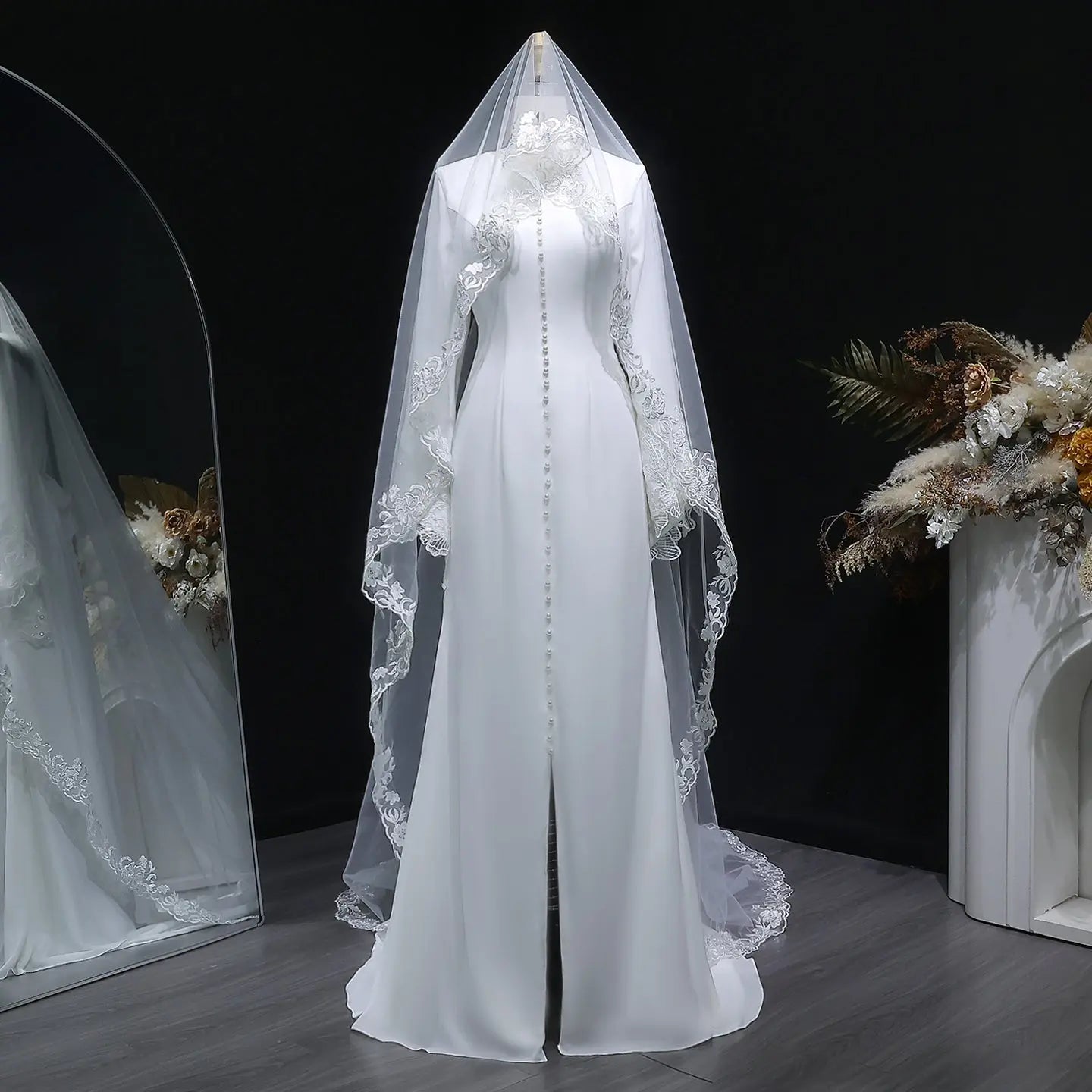 Elegant White Pearl High Neck Long Sleeve Wedding Dress with Veil ZP102