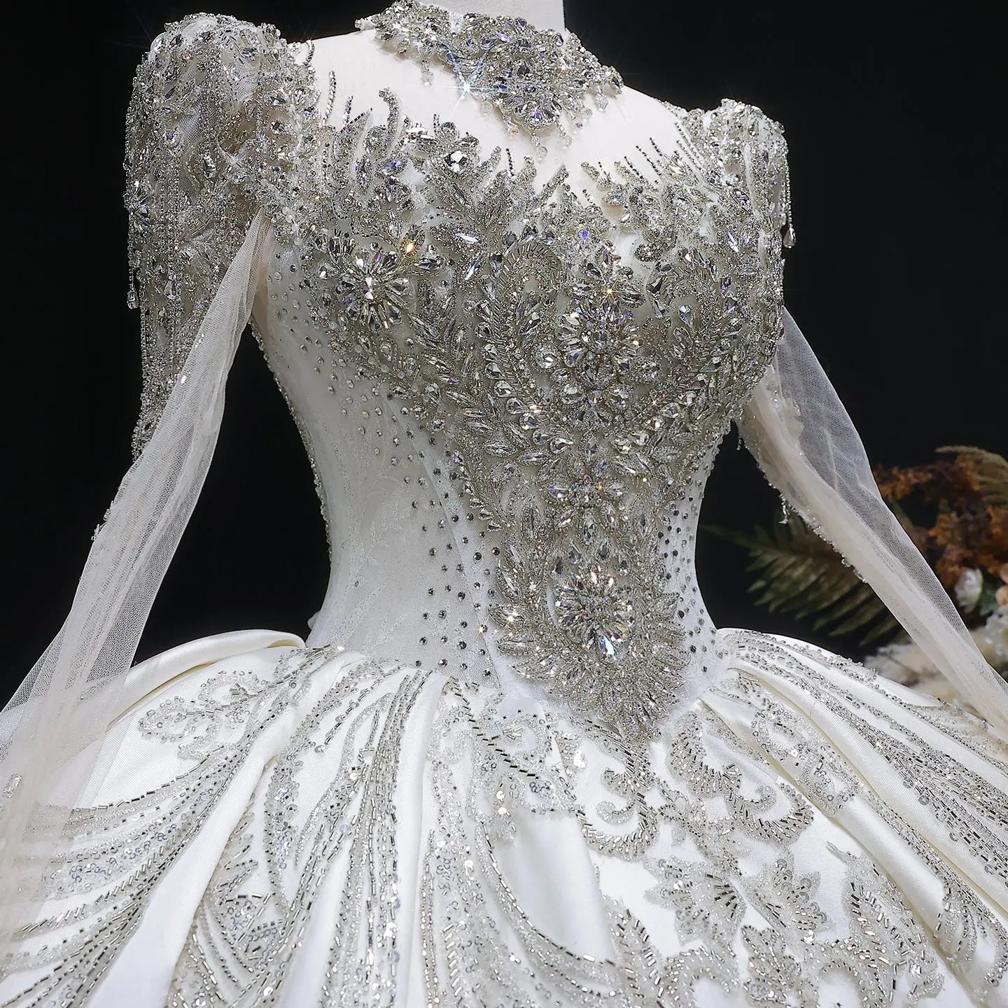 Luxury Long Sleeve Ivory Wedding Dress with Crystal Embroidered Details ZP162